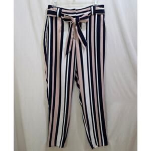 Express Ankle High Rise Striped Paperbag Pockets Sash Tie Pants, Size 6 Regular